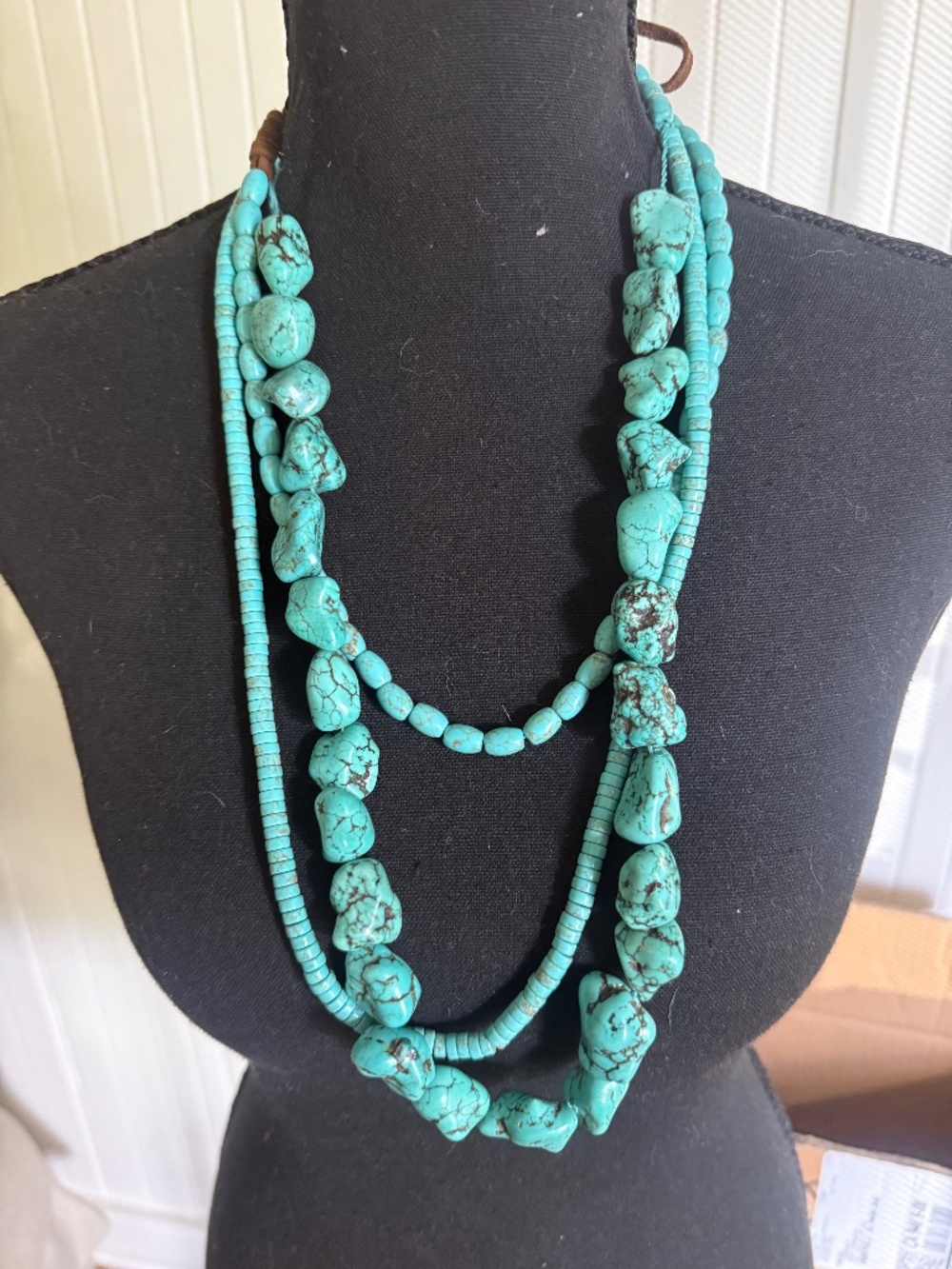 Genuine Turquoise Chunky Nugget Multi-Strand Necklace with Suede Leather Tie